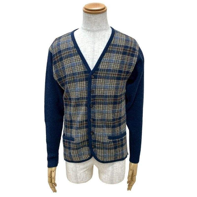 Hermes Check Pattern Wool Knit Cardigan M Size Navy Multicolor 71131