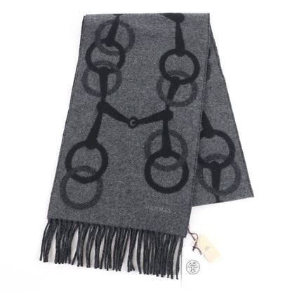 Hermes Any Mole 100% Cashmere Logo Fringed Bicolor Muffler Gray Black with Scarf