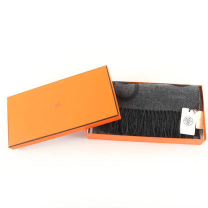 Hermes Any Mole 100% Cashmere Logo Fringed Bicolor Muffler Gray Black with Scarf — view 2
