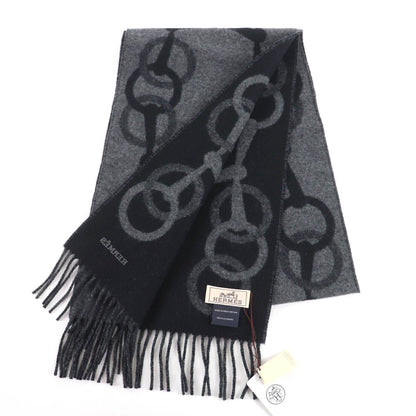 Hermes Any Mole 100% Cashmere Logo Fringed Bicolor Muffler Gray Black with Scarf — view 3