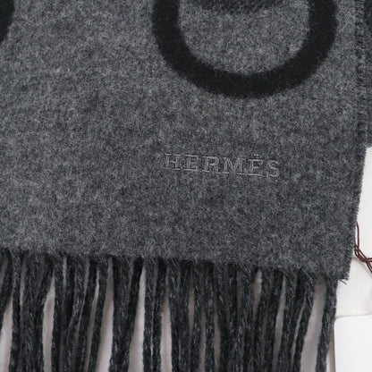 Hermes Any Mole 100% Cashmere Logo Fringed Bicolor Muffler Gray Black with Scarf — view 5