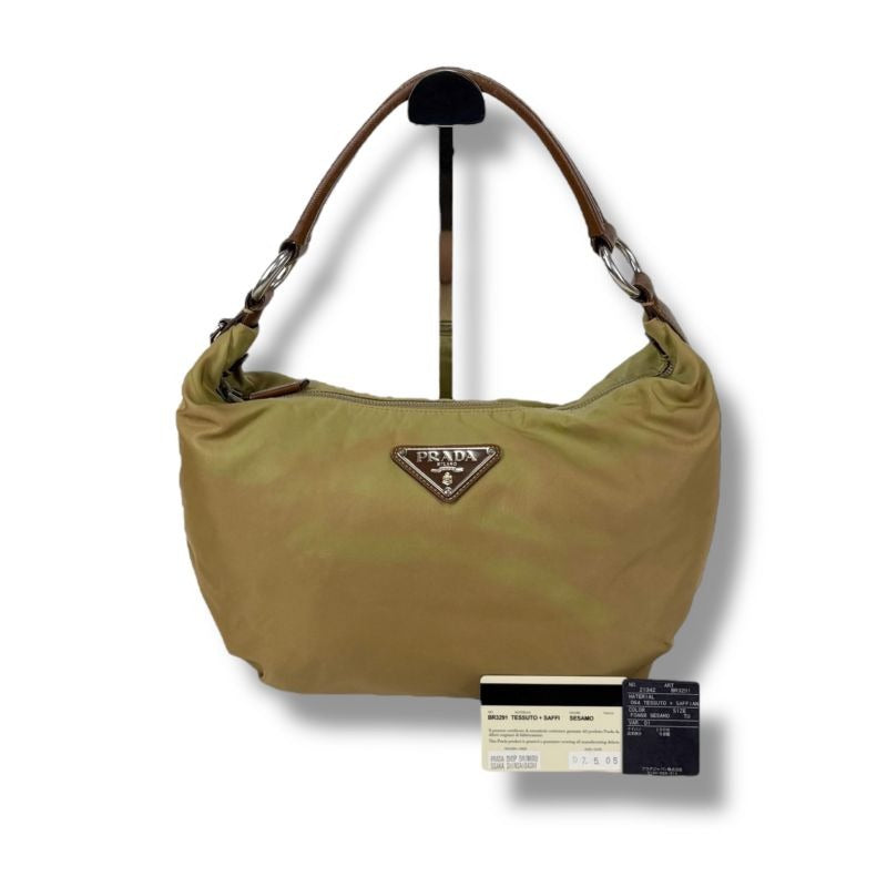 Prada One Shoulder Bag Triangle Logo Hobo Soho Khaki Brown Tessuto Nylon