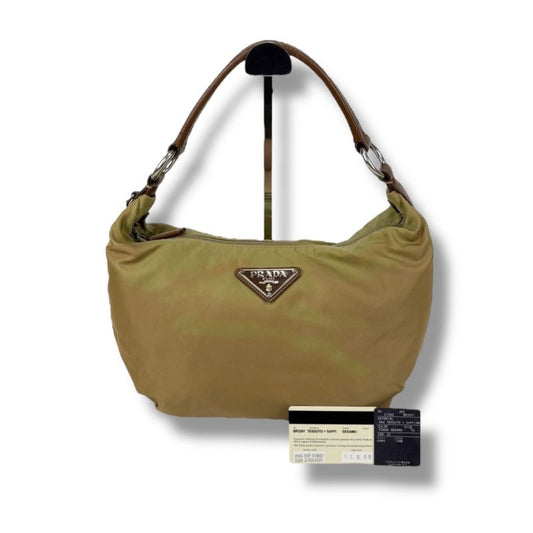 Prada One Shoulder Bag Triangle Logo Hobo Soho Khaki Brown Tessuto Nylon