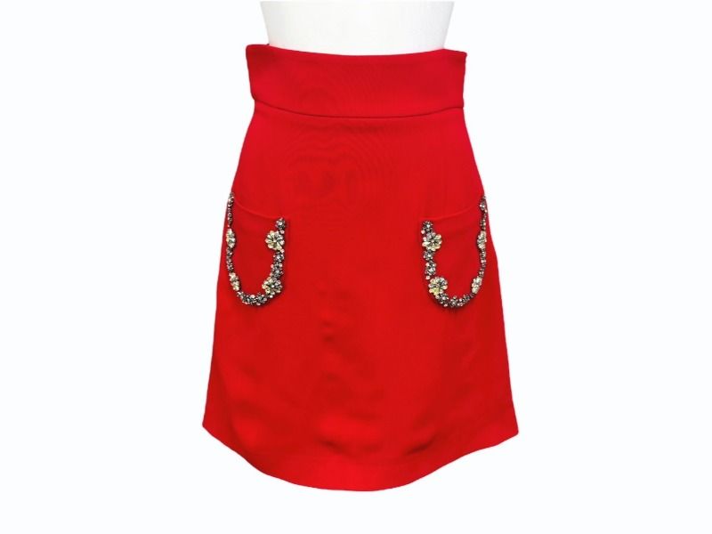 Miu Miu Bijou Pocket Flare Skirt Rayon Acetate Rhinestone Red 4 36 — view 2