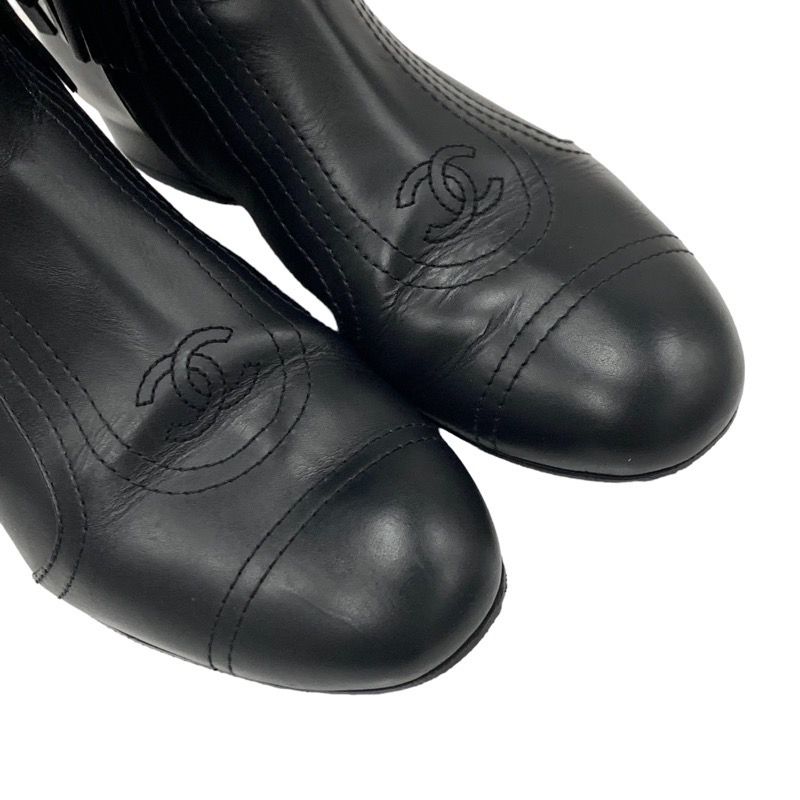 Chanel Boots Short Boots Shoes Leather Black Here Mark Fringe