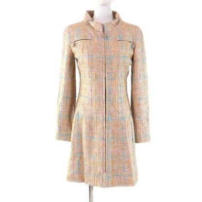 CHANEL Vintage 01P P17594 Stand Collar Tweed Coat With Coco Mark Buttons Beige