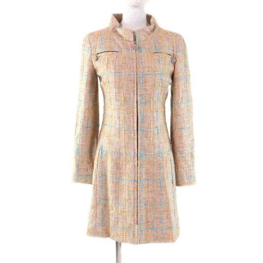 CHANEL Vintage 01P P17594 Stand Collar Tweed Coat With Coco Mark Buttons Beige