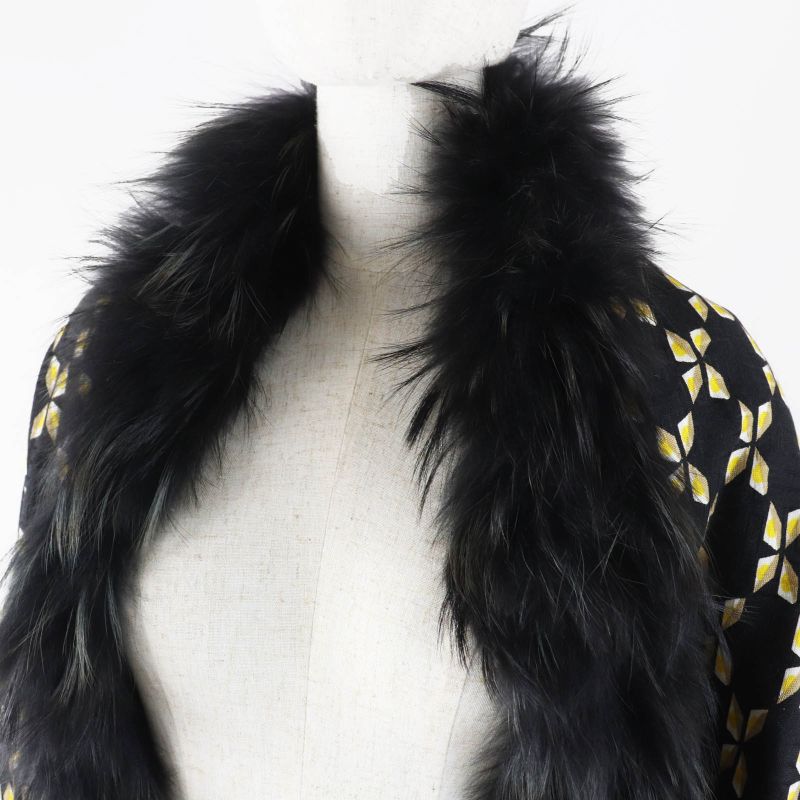 Fendi Fxt069 Silk Blend Raccoon Fur Zucca Pattern Scarf Black Yellow Beige