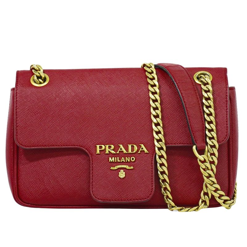 Authentic Prada Chain Shoulder Bag Pochette Leather Red 1bd193 Bag Pre-owned