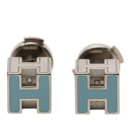 Hermes Cage de Ash Cube Earrings Silver Light Blue Metal Enamel
