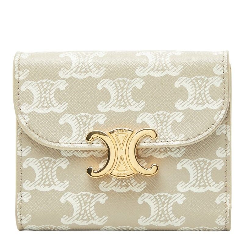 Celine Triomphe Small Flap Wallet Trifold Beige Ivory Leather