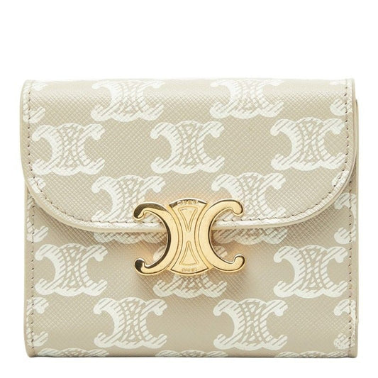 Celine Triomphe Small Flap Wallet Trifold Beige Ivory Leather