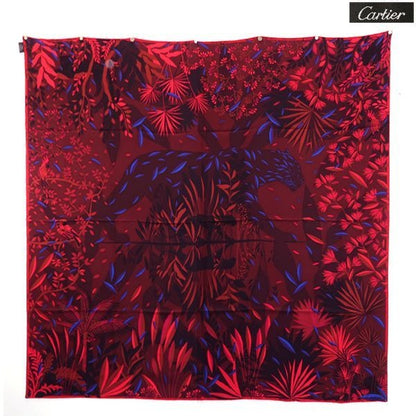 Cartier Large Shawl Scarf Cashmere Silk Panthère Animal Leaf Pattern Red