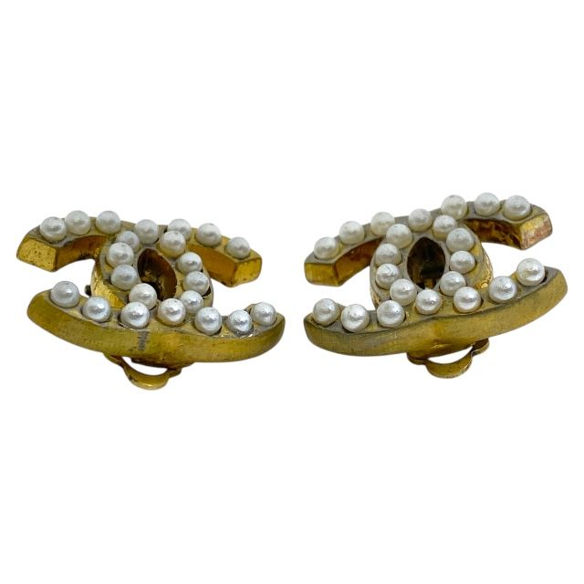 Chanel Earring 01A Coco Mark Faux Pearl Gold GP Accessories Jewelry Chanel