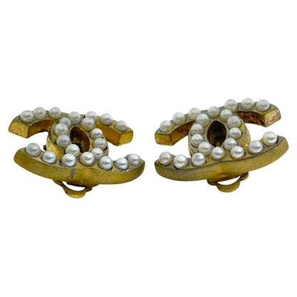 Chanel Earring 01A Coco Mark Faux Pearl Gold GP Accessories Jewelry Chanel
