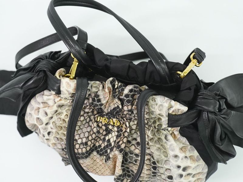 Authentic Prada Python Pattern 2WAY Shoulder Bag Handbag Pochette Nylon Black