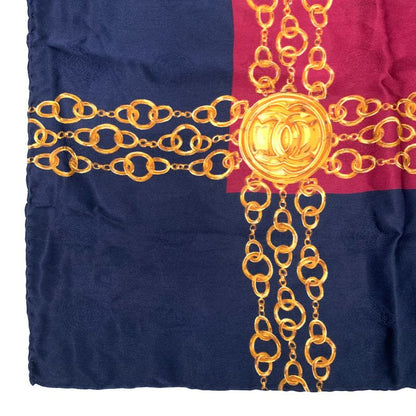 Chanel Silk Scarf Large Size Coco Mark Chain Pattern Burgundy And Navy