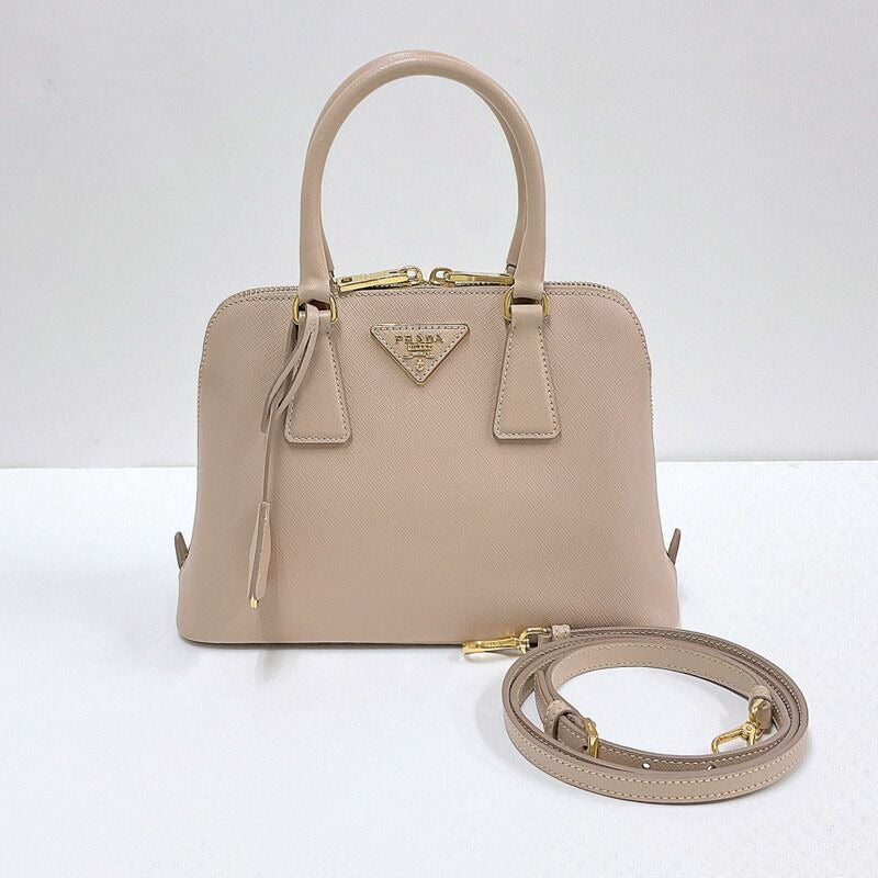 Prada 2-Way Handbag Leather Beige Gold