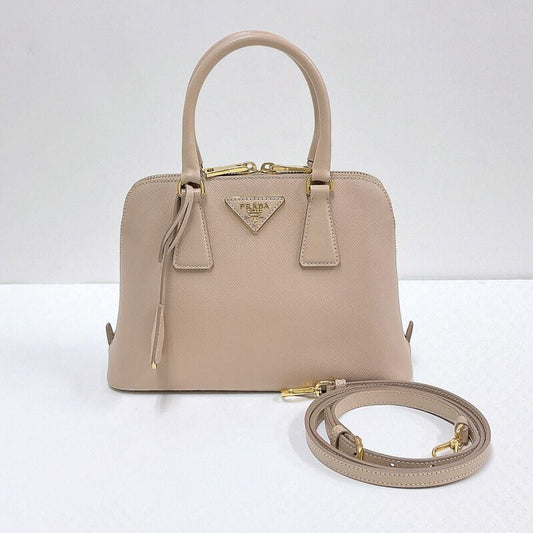 Prada 2-Way Handbag Leather Beige Gold