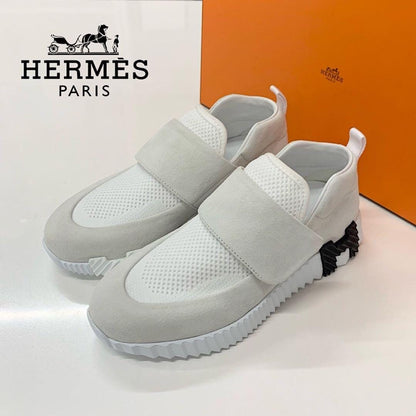 Hermes Suede Fabric Velcro Sneakers White