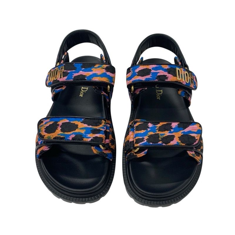 Christian Dioract Sandals Shoes Leather Black Multicolor Logo Velcro Strap