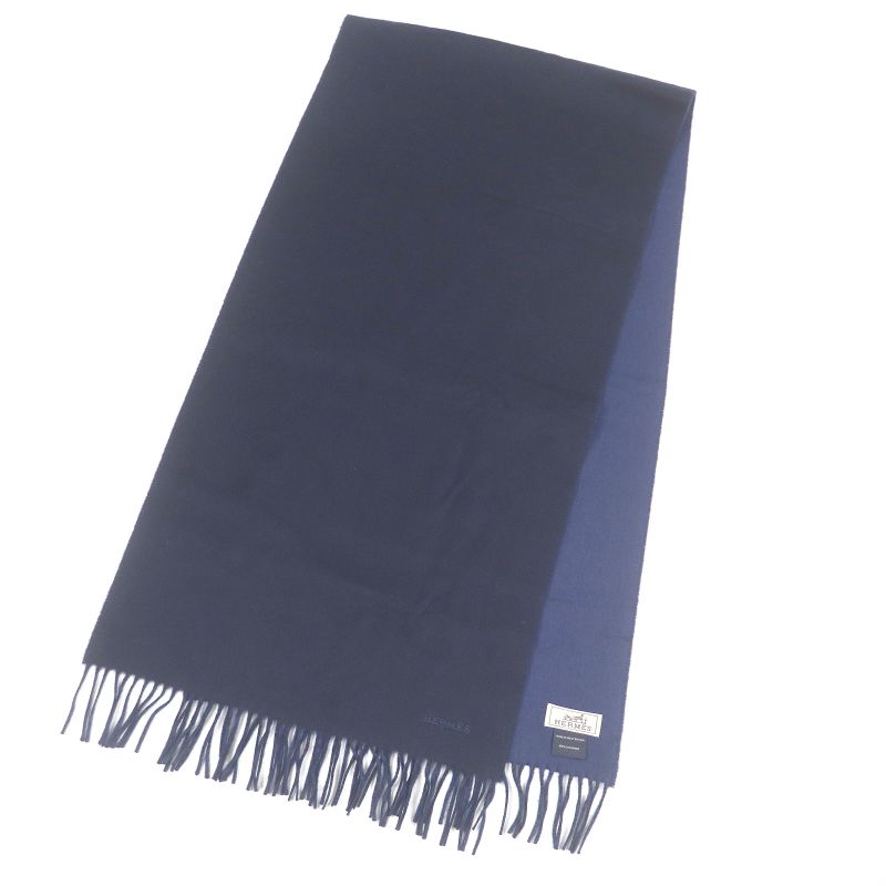 Hermes 100% Cashmere Logo Embroidery Embroidered Fringe Scarf Shawl Navy With