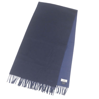 Hermes 100% Cashmere Logo Embroidery Embroidered Fringe Scarf Shawl Navy With