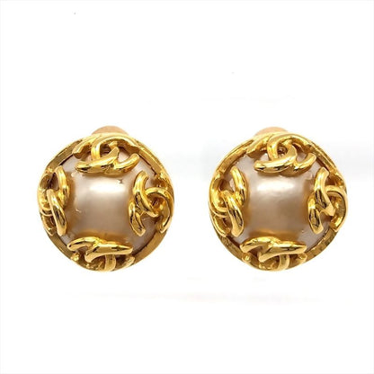 Chanel Earring 95A Gold Coco Mark Faux Pearl Vintage