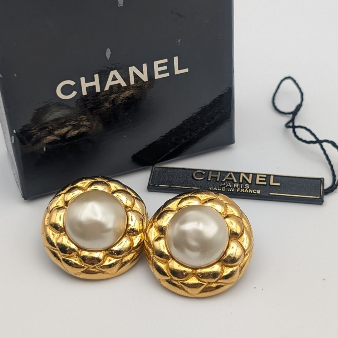 Chanel Earrings Camellia Faux Pearl Gold Large