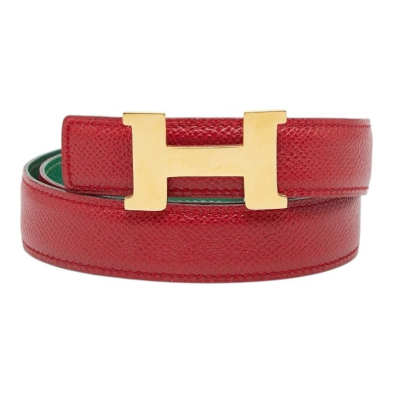 Hermes Constance Buckle Logo Reversible Belt 65 Red Green Gold Leather