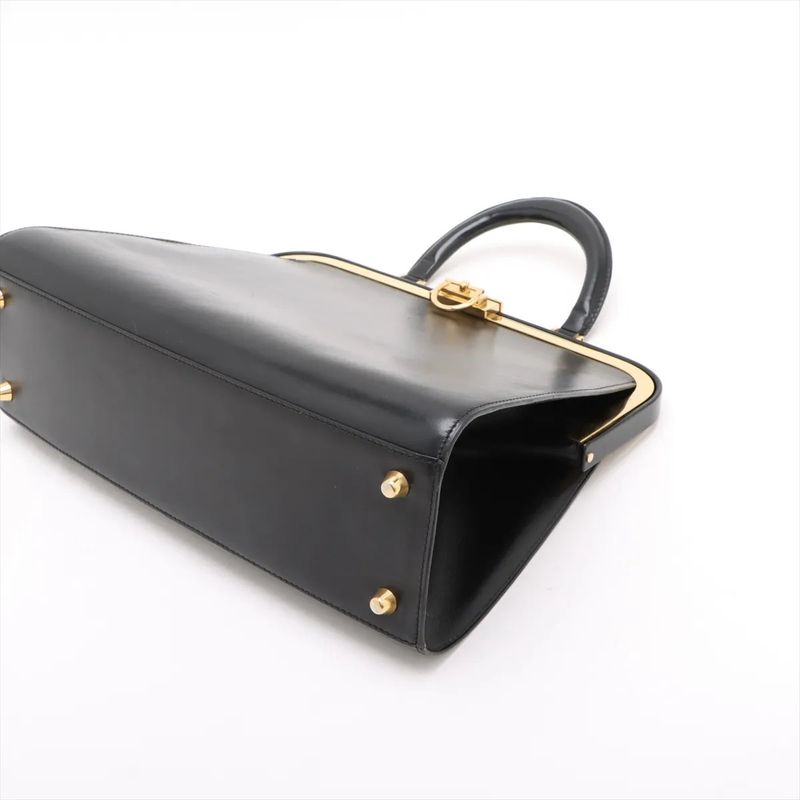 Vintage Christian Dior Clasp Leather Handbag Tote Black Gold Hardware Genuine