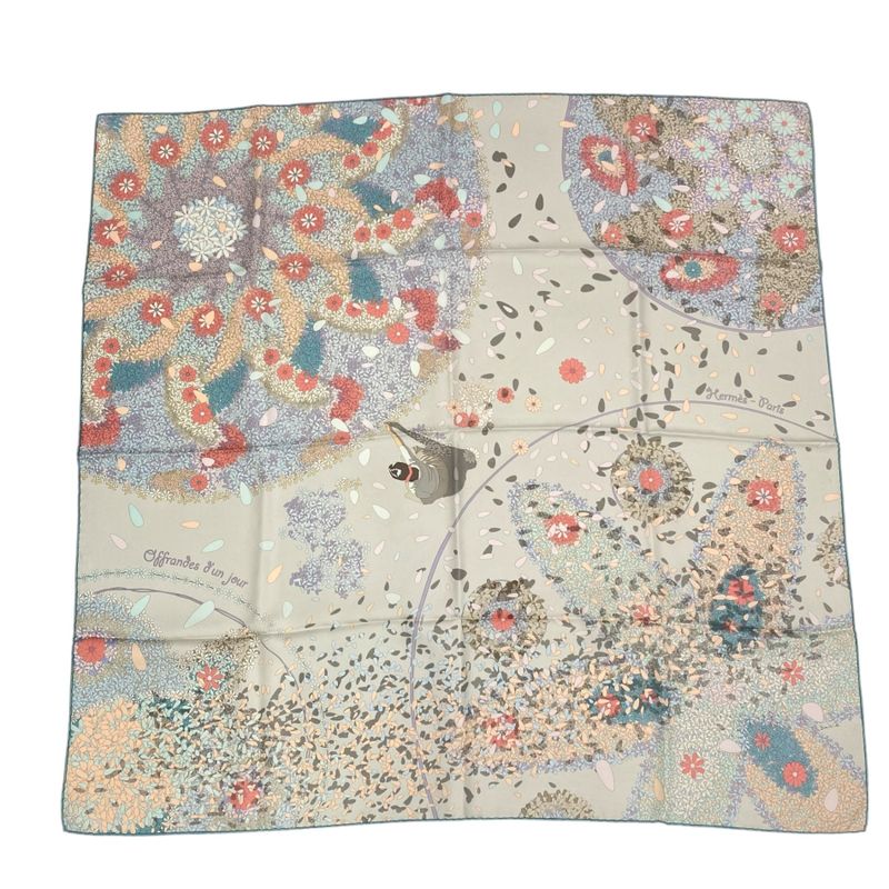 Hermes Carre 90 Scarf Silk Floral Tribute Offrandes DUN JOUR Multicolor
