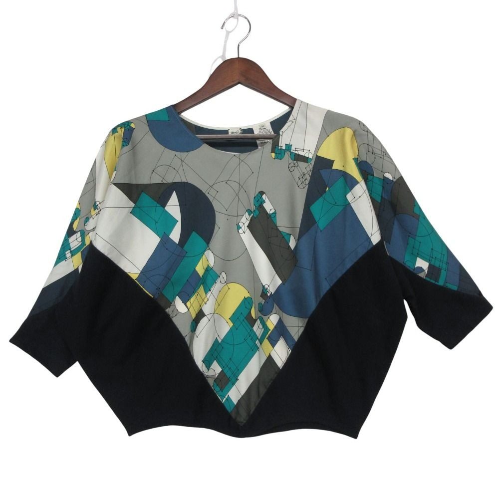 Hermes Top Twill Laine Blouse Top Long Sleeve Silk Cashmere Blend Navy