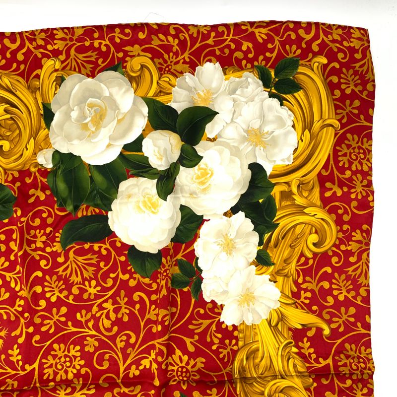Chanel Camellia Silk Scarf Large Red X Gold X White
