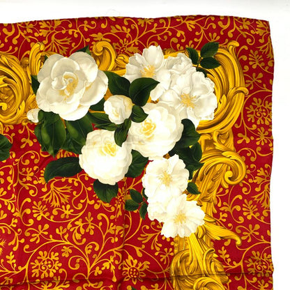 Chanel Camellia Silk Scarf Large Red X Gold X White
