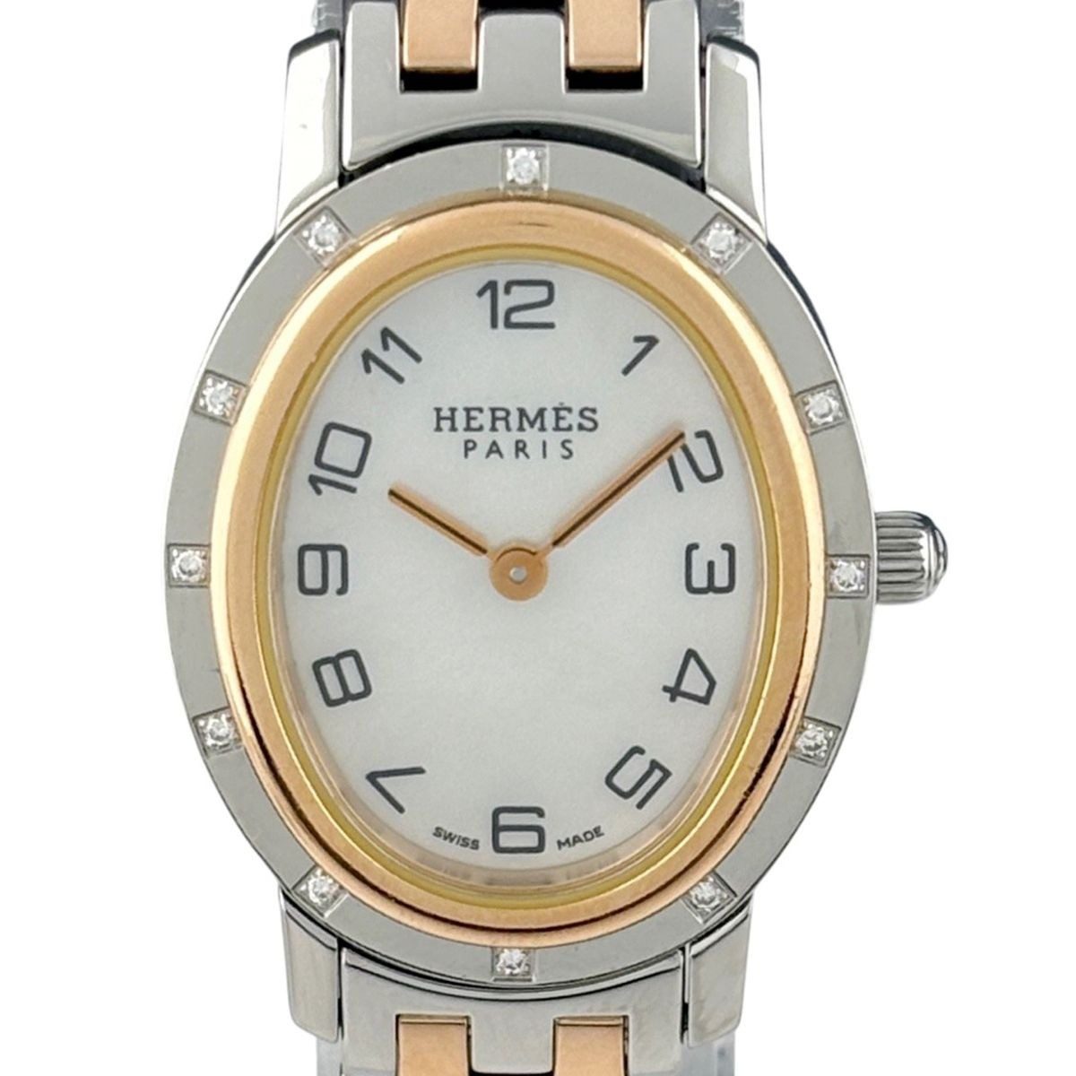 Hermes Clipper Oval Diamond Watch SS Quartz White