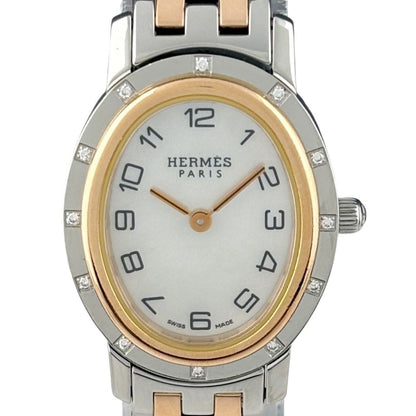 Hermes Clipper Oval Diamond Watch SS Quartz White