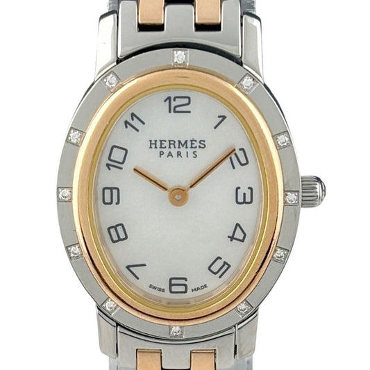 Hermes Clipper Oval Diamond Watch SS Quartz White
