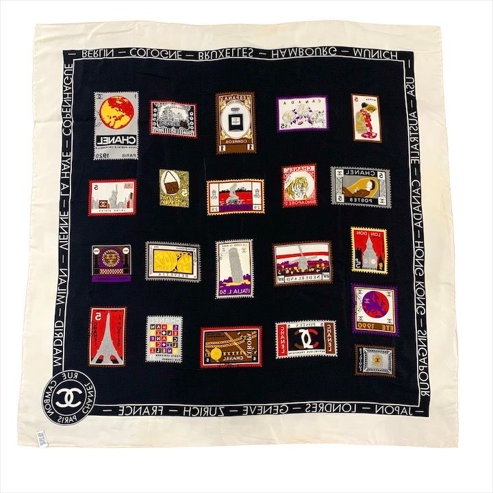 Chanel CC Logo Large Scarf Silk Worl Pattern Black Red White