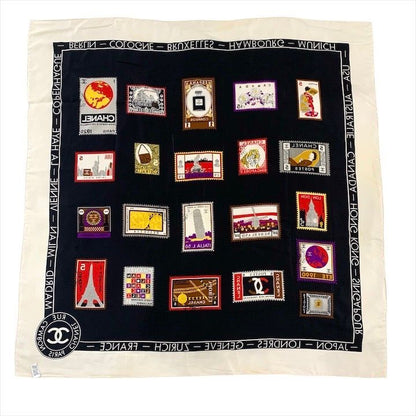 Chanel CC Logo Large Scarf Silk Worl Pattern Black Red White