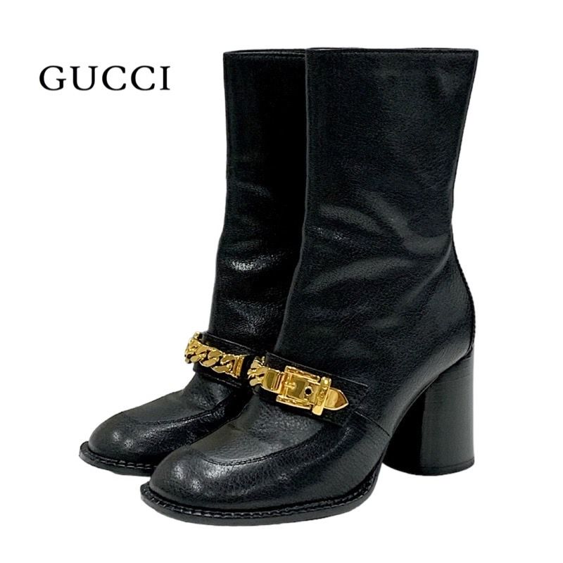 Gucci Boots Short Boots Shoes Chain Belt Leather Black Gold