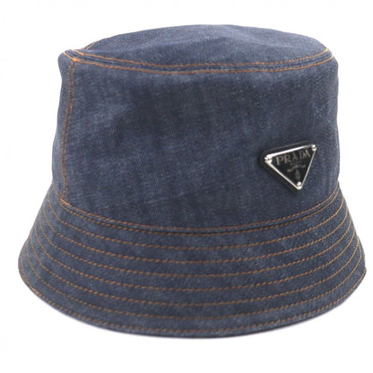Prada 100% Cotton Cowhide Triangle Logo Plate Blue Denim Hat
