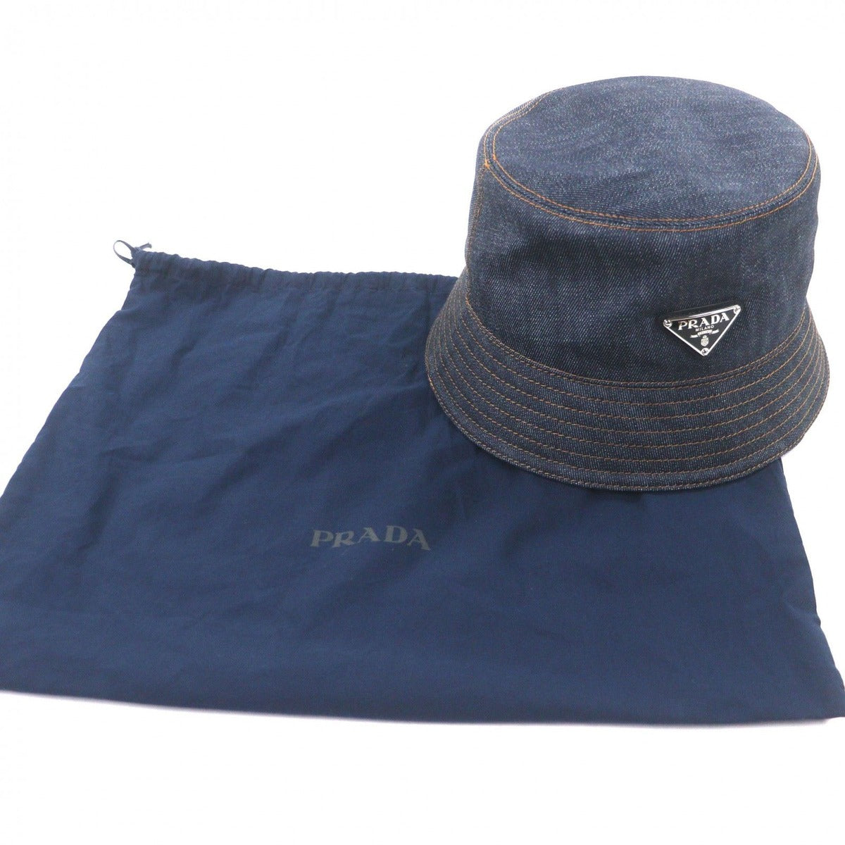 Prada 100% Cotton Cowhide Triangle Logo Plate Blue Denim Hat — view 2