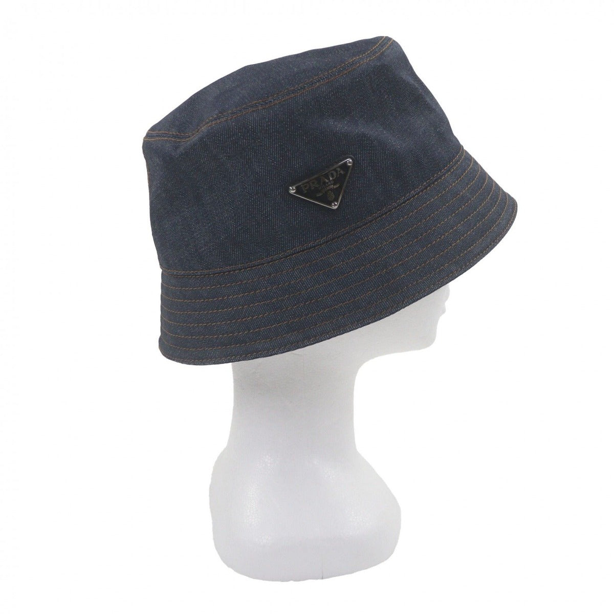 Prada 100% Cotton Cowhide Triangle Logo Plate Blue Denim Hat — view 6