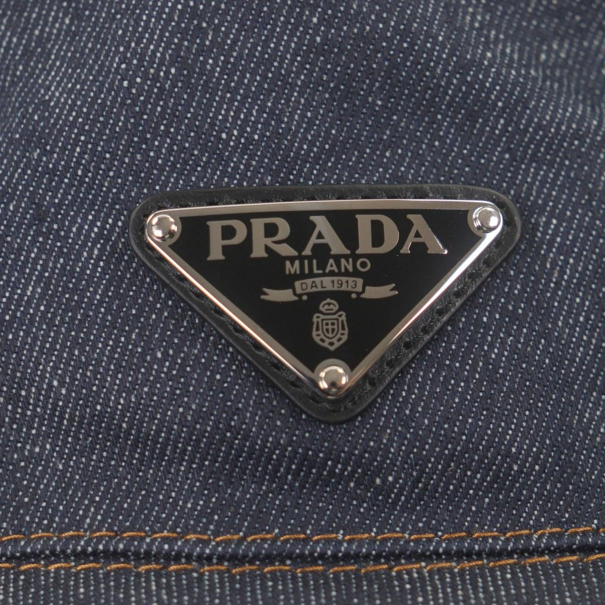 Prada 100% Cotton Cowhide Triangle Logo Plate Blue Denim Hat — view 8