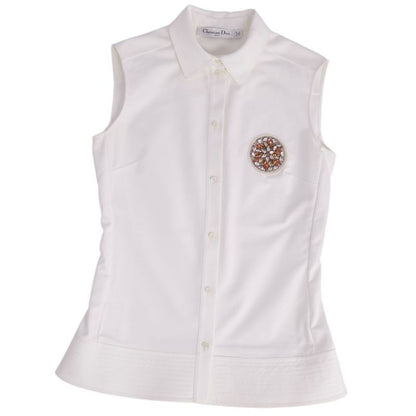 Christian DIOR Shirt Blouse Sleeveless Bijoux Embellished Cotton Top Women's