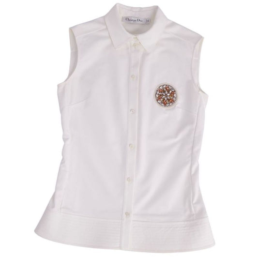 Christian DIOR Shirt Blouse Sleeveless Bijoux Embellished Cotton Top Women's