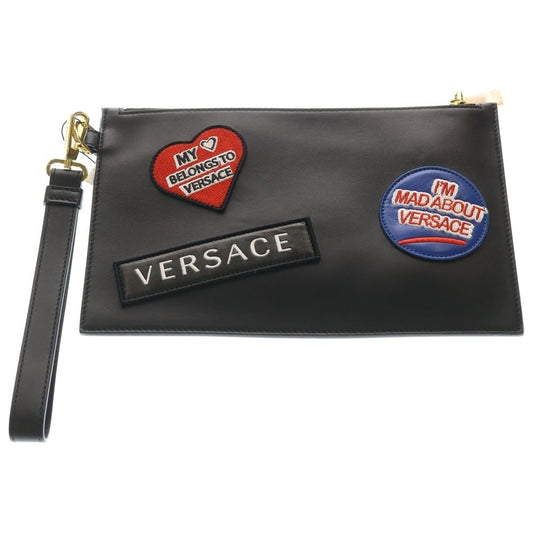 Versace Clutch Patch Logo Black Leather