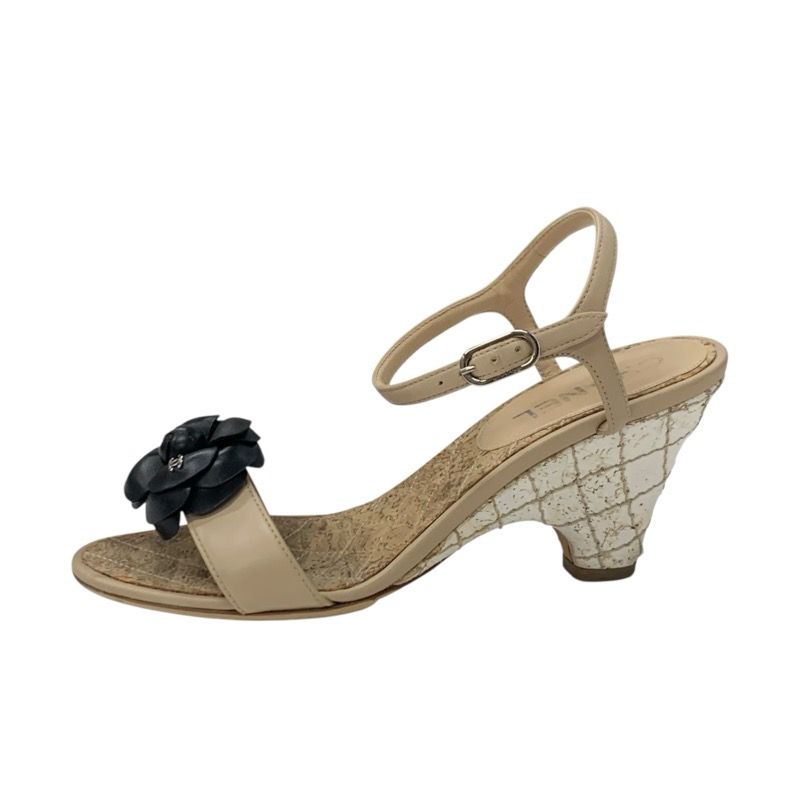 Chanel Sandals Shoes Leather Beige Black Coco Mark Camellia Matelasse Strap