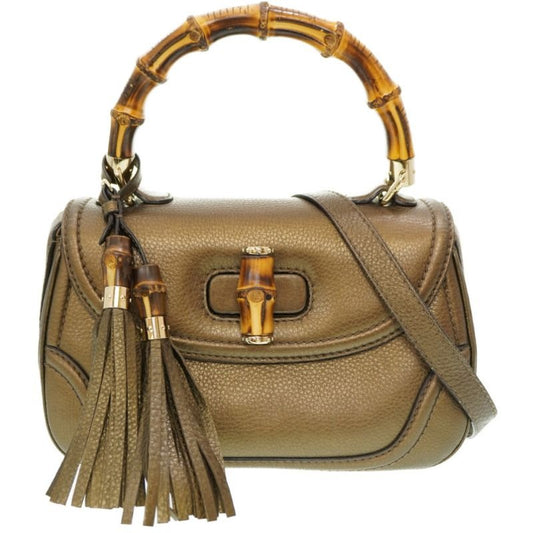 Gucci New Bamboo Shoulder Handbag Leather With Gold Strap 0020